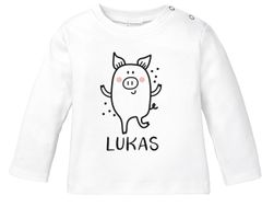 Baby Langarmshirt mit Namen personalisiert Schwein lustige Tiere Strichzeichung Junge Mädchen Bio-Baumwolle SpecialMe®