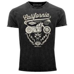 Herren Vintage Shirt Biker Motorrad Schriftzug California Full Tank Used Look Slim Fit Neverless® 
