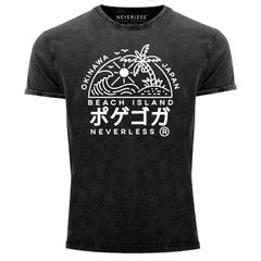 Herren Vintage Shirt Japan Okinawa Beach Island Schriftzeichen Printshirt T-Shirt Aufdruck Used Look Neverless®