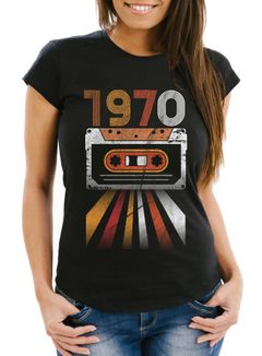 Damen T- Shirt Geburtstag, Retro Aufdruck Kassette Geburtsjahr 1970 bis 1979 lustiges Geschenk für Frauen MoonWorks®