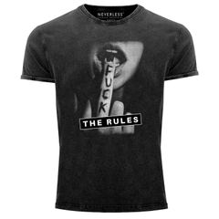 Herren Vintage Shirt Fuck the Rules Fotoprint Mittelfinger Printshirt T-Shirt Aufdruck Used Look Slim Fit Neverless®