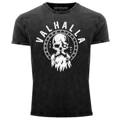 Herren Vintage Shirt Valhalla Totenkopf Odin Runen Wikinger Printshirt T-Shirt Aufdruck Used Look Neverless®