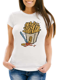 Damen T-Shirt Pommes Frittes Ketchup lustige Comic Zeichnung Frauen Fun-Shirt lustig Moonworks®