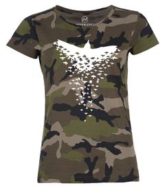 Damen Camo-Shirt Rabe Vogel-Schwarm Tiermotiv Printshirt Camouflage T-Shirt Tarnmuster Neverless®