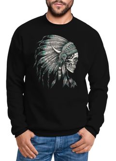 Herren Sweatshirt Indianer Häuptling Federn Totenkopf Skull Feather Neverless®