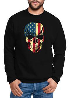 Sweatshirt Herren USA Amerika Flagge auf Totenkopf Rundhals-Pullover Neverless®