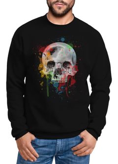 Sweatshirt Herren Skull Totenkopf Neon Splatter Rundhals-Pullover Moonworks®