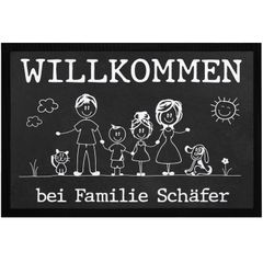 Fußmatte Familie 1, 2, 3 Kinder & mehr + Hund, Katze personalisiert mit Namen Strichmännchen SpecialMe®