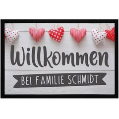 Fußmatte mit Namen "Herzlich Willkommen bie Familie" mit Wunschname personalisierbar Herzen rutschfest & waschbar SpecialMe®