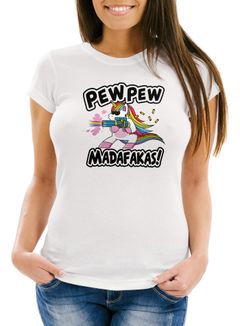 Damen T-Shirt Pew Pew Madafakas böses Einhorn Regenbogen Unicorn Slim Fit Moonworks®