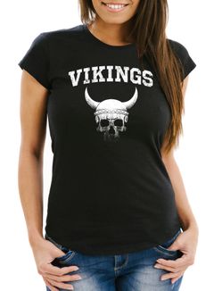 Damen T-Shirt Wikinger-Helm Skull Totenkopf Fashion Streetstyle Slim Fit Neverless®