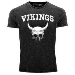 Herren Vintage Shirt Wikinger-Helm Skull Totenkopf Printshirt T-Shirt Aufdruck Used Look Slim Fit Neverless®