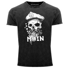 Herren Vintage Shirt Moin Kapitän Totenkopf Anker Bart Hamburg Printshirt T-Shirt Aufdruck Used Look Neverless®