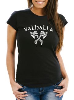 Damen T-Shirt Valhalla Viking Axt Nordische Mythologie Odin Fashion Streetstyle Slim Fit Neverless®