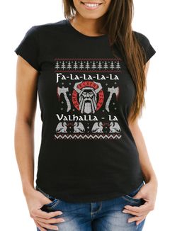 Damen T-Shirt Ugly Christmas Odin Vikings Winkinger Valhalla Weihnachten Fun-Shirt Slim Fit Moonworks®