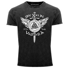 Herren Vintage Shirt See you in Valhalla Schwert Runen Odin Vikings Printshirt T-Shirt Aufdruck Neverless®