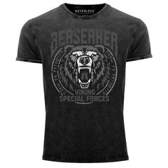Herren Vintage Shirt Berserker Bär Viking Runen nordische Mythologie Printshirt T-Shirt Aufdruck Slim Fit Neverless®