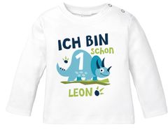 Baby Langarm-Shirt mit Namen und Zahl 1 / 2 Geschenk zum Geburtstag Dinosaurier Dino für Jungen SpecialMe®
