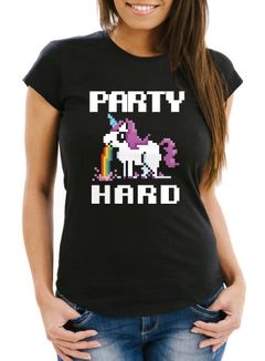 Damen T-Shirt Party Hard kotzendes Einhorn Fun-Shirt Saufsprüche Spruch lustig Moonworks®