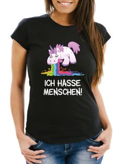 Damen T-Shirt Spruch Ich hasse Menschen kotzendes Einhorn Frauen Fun-Shirt lustig Moonworks®