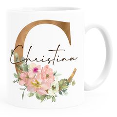 Kaffee-Tasse mit Namen personalisiert Anfangsbuchstabe Initiale Monogram Blumen persönliche Geschenke SpecialMe®