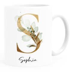 Kaffee-Tasse mit Buchstabe Initiale Monogramm individuell mit Namen personalisert Eukalyptus persönliche Geschenke SpecialMe®