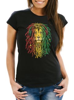 Damen T-Shirt Löwe Jamaica Reaggae Musik Rasta Lion Fashion Streetstyle Slim Fit Neverless®