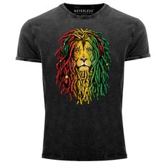 Herren Vintage Shirt Löwe Jamaica Reaggae Musik Rasta Lion Printshirt T-Shirt Aufdruck Used Look Neverless®