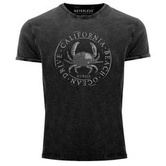 Herren Vintage Shirt California Beach Crab Krabbe Krebs Ocean Drive Printshirt T-Shirt Aufdruck Used Look Neverless®