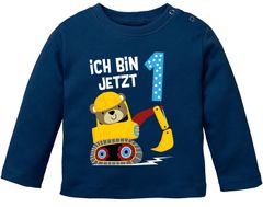 Baby Langarm-Shirt erster | zweiter Geburtstag Bär Bagger Bauarbeiter Baggerfahrer Geburtstagsshirt Bio-Baumwolle Junge MoonWorks®