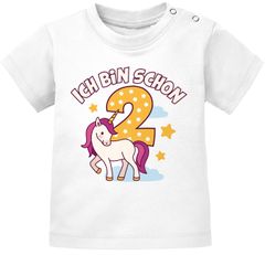 Baby T-Shirt Einhorn Alter Zahl Spruch Ich bin schon 1 (2) Geburtstagsshirt für Mädchen kurzarm Bio-Baumwolle MoonWorks®