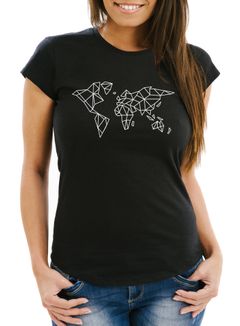 Damen T-Shirt Weltkarte World Map Low Polygon Slim Fit Moonworks®