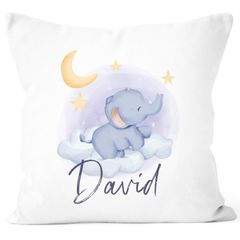 Kissen-Bezug Kinder mit Namen und Elefant Wunschname Namenskissen Mond und Sterne Kinder Baby SpecialMe®