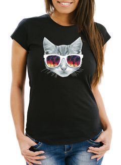 Lustiges Damen T-Shirt Katze mit Sonnenbrille Slim Fit MoonWorks®