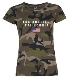 Damen Camo-Shirt Bedruckt Schriftzug California Los Angeles USA Amerika Flagge Camouflage Tarnmuster Neverless®