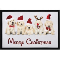 Fußmatte Weihnachten Hunde mit Weihnachtsmütze Merry Christmas rutschfest & waschbar Moonworks®