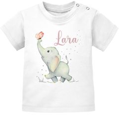 Baby T-Shirt mit Namen personalisiert Elefant Schmetterling Tiermotiv Tiere Junge Mädchen kurzarm Bio-Baumwolle SpecialMe®