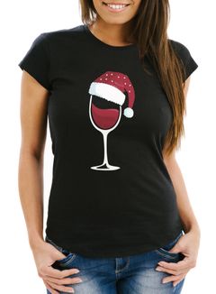 Damen T-Shirt Weihnachten lustig Weinglas mit Weihnachtsmütze Weihnachtsmotiv Fun-Shirt Moonworks®