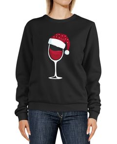 Sweatshirt Weihnachten lustig Weinglas mit Weihnachtsmütze Weihnachtsmotiv Rundhals-Pullover Pulli Sweater Moonworks®