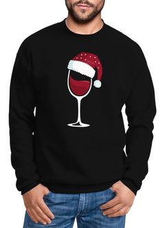 Sweatshirt Herren Weihnachten Weinglas mit Weihnachtsmütze Weihnachtsmotiv Rundhals-Pullover Moonworks®