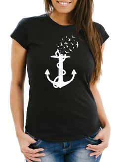 Damen T-Shirt Anker-Motiv Vögel Print Aufdruck Maritim Nordisch Bedruckt Moonworks®