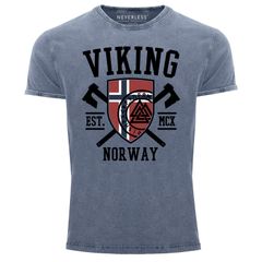 Herren Vintage Shirt Viking Norway Norwegen Flagge Wikinger nordisch Printshirt T-Shirt Aufdruck Used Look Neverless®