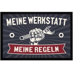 Fußmatte lustig mit Spruch Meine Werkstatt meine Regeln Geschenk für Papa Opa Handwerker rutschfest & waschbar Moonworks®