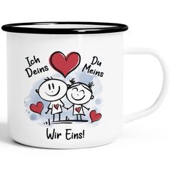 Emaille-Tasse Liebe verliebte Strichmännchem Spruch Ich Deins Du Meins Herz Geschenk Valentinstag Jahrestag Emaillebecher SpecialMe®