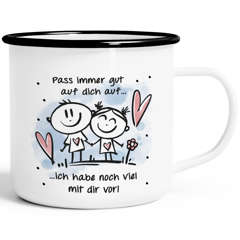 Emaille-Tasse Liebe Pass auf dich auf Spruch Herz Geschenk JAhrestag Valentinstag Emaillebecher SpecialMe®