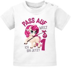 Baby T-Shirt Geburtstagsshirt Einhorn Pass auf Welt ich bin jetzt 1 Jahr Geschenk Mädchen kurzarm Bio-Baumwolle MoonWorks®