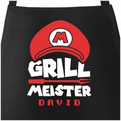 Grill-Schürze für Männer mit Name Grillmeister Super-Griller Parodie Videospiel-Figur lustig Moonworks®