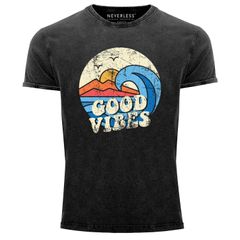 Herren T-Shirt Schrift Good Vibes Welle Hippie Slogan Statement Surf Design Vintage Retro Printshirt Neverless®
