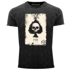 Herren Vintage-Shirt Bedruckt Totenkopf Skull Spielkarte Pik Ass Kartenspiel Printshirt Used Look Neverless®