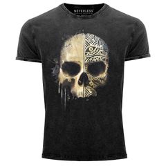 Herren Vintage Shirt Bedruckt Totenkopf Totenschädel Skull Tattoo Tribal Printshirt T-Shirt Aufdruck Used Look Neverless®